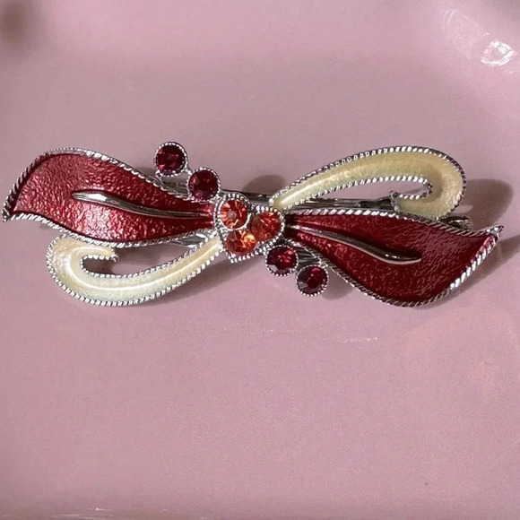 Red and Cream Enamel and Crystal Bow & Heart Hair Barrette - Picture 1 of 7